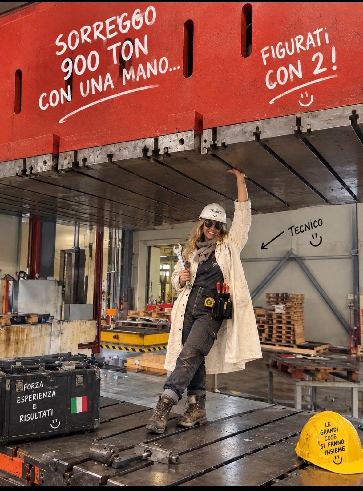 Una tecnica RGR sorregge con una mano la traversa di una pressa da 900 tonnellate