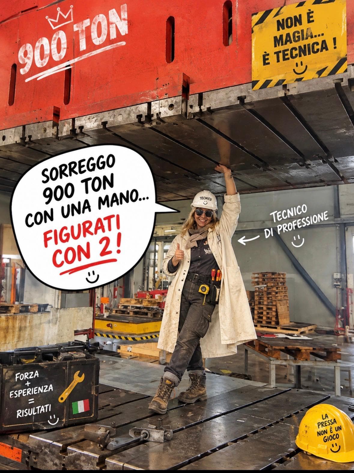 Una tecnica RGR sotto una pressa da 900 tonnellate, con fumetto